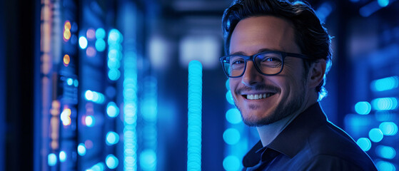 Naklejka premium Smiling IT Specialist Working in Modern Data Center with Blue Lights