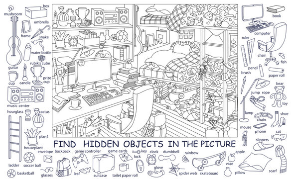 Find and color hidden objects in the picture. Teenager room interior with furniture and home objects. Cozy children room. Coloring page. Linear sketch vector illustration.
