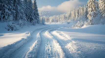 Fototapeta premium Snowmobile tracks crisscross pristine winter wilderness, blending open fields, frozen rivers, and snowy forests into a dynamic patchwork of textures.