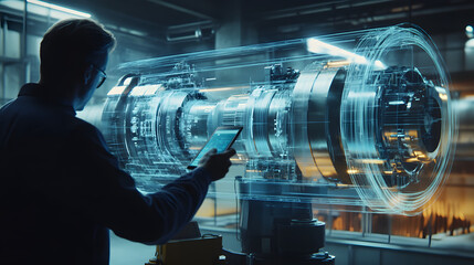 AR Concept: Industrial Engineer Uses Augmented Reality Digital Tablet to Scan Large Metal Construction, Special Effects Show Visualization / Digitalization of Oil, Gas and Fuel Transport Pipeline.