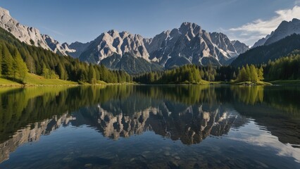 Serene mountain lake reflecting majestic peaks under a clear sky.
