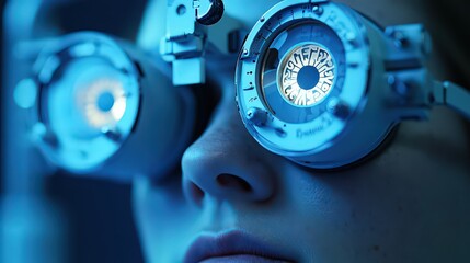  Modern optometry device measuring eyesight, displaying intricate details of optics and advanced medical technology for vision health.