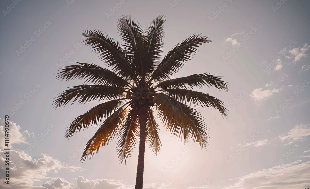 Poster Palm tree is standing in the middle of a cloudy sky. The tree is tall and has a lot of leaves