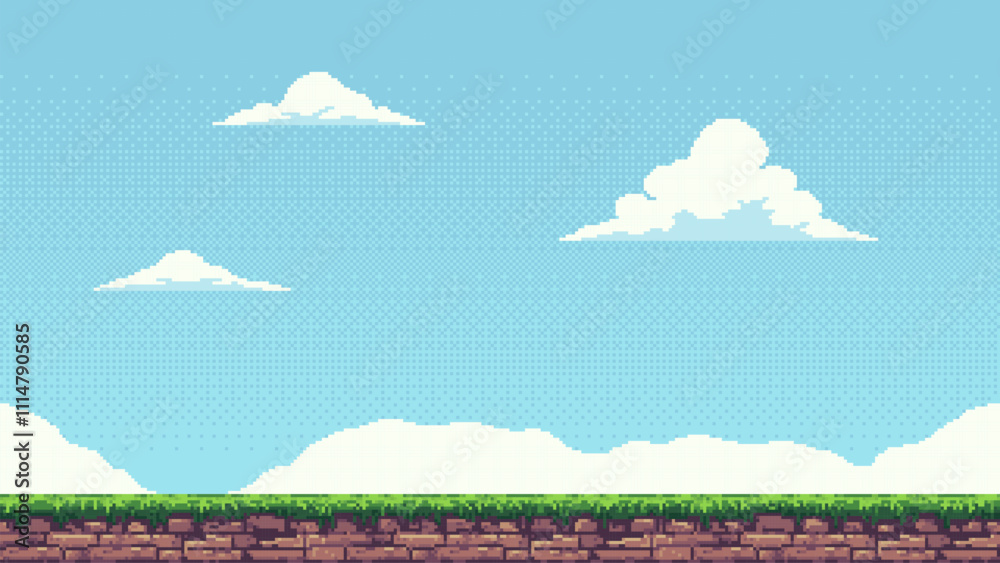 Poster pixel art retro game level, 8 bit 2d video game background, pixel template. vector illustration