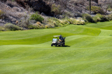 golf cart on a beautiful green grass fairway in the desert 