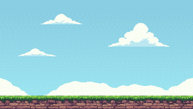 pixel art retro game level, 8 bit 2d video game background, pixel template. Vector illustration