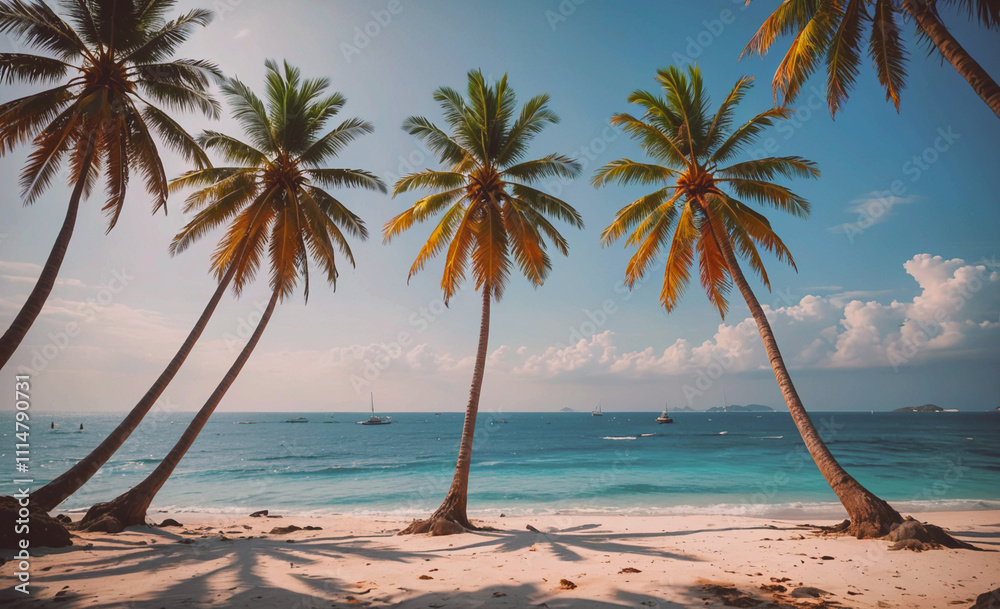 Aufkleber Palm tree is on the beach next to the ocean. There are three palm trees in the image