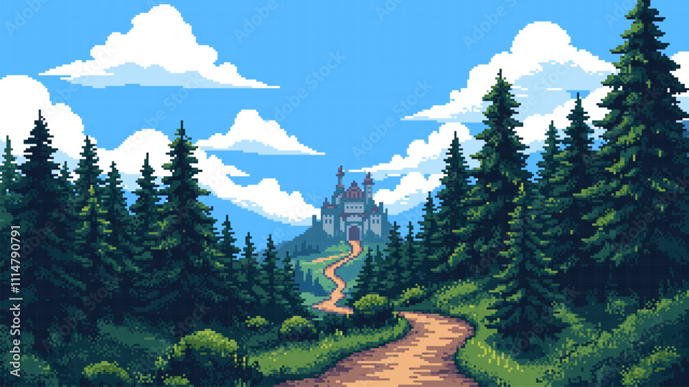 Poster pixel art game level background, forest, road to the castle, clouds. 8bit retro arcade game. vector illustration