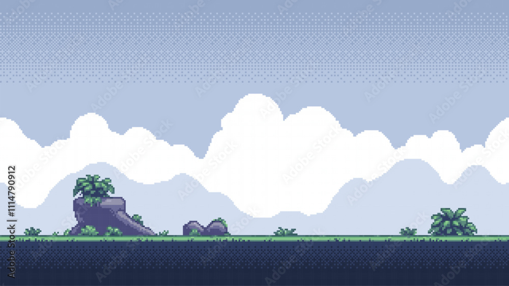 Poster pixel art retro game level, 8 bit 2d video game background, pixel template. vector illustration