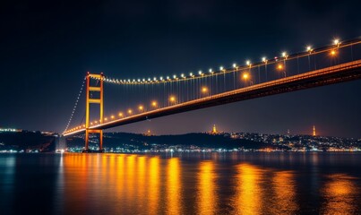 Obraz premium The illuminated bridge spans gracefully over the water, reflecting golden lights against the dark night sky.