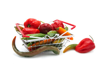 Shopping supermarket basket with fresh organic ripe with assorted colorful peppers whole isolated...