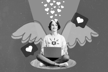 Collage photo of young dreaming pretty woman sitting with laptop thinking about dating app painted...
