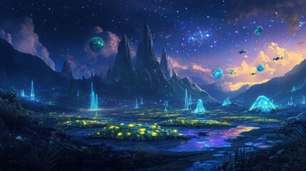 Obraz premium Vibrant alien landscape under a starlit sky. Generative AI