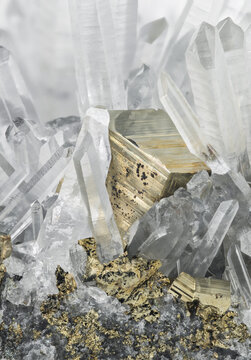 Macro photograph of quartz crystals and pyrite from Peru