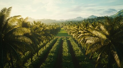 Fototapeta premium Aerial view of sunlit coconut palm plantation rows.
