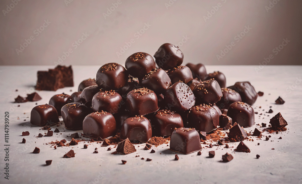 Poster pile of chocolate covered candies with some crumbs on the table. the candies are in different shapes