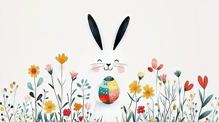 Fototapeta premium A white-background painting of a bunny with an Easter egg amidst a field of flowers and daisies