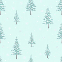 Obraz premium Seamless winter pine trees pattern with snowflakes, Christmas concept, winter background