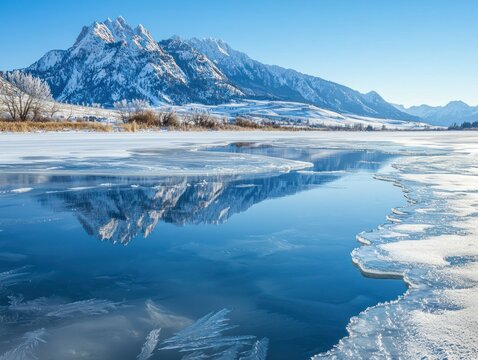 Frozen lake with snowy mountains reflecting on its icy surface, clear winter sky