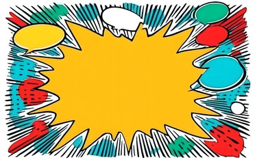 Obraz premium Dynamic comic book style border with vibrant burst design and speech bubbles in retro pop art illustration