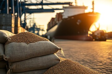 Sacks of grain awaiting export at a busy port at sunset