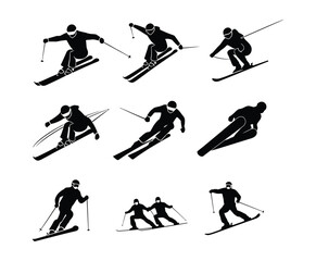 Naklejka premium Silhouette Collection of Skiing Poses Vector