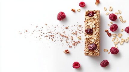 Granola energy bar with crunchy texture, oats, and dried berries, ultra-realistic, isolated on white, sharp and vibrant product shot