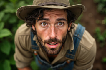 Fototapeta premium Bearded man wearing a straw hat and overalls is crouched down, looking surprised or curious at something off-camera.