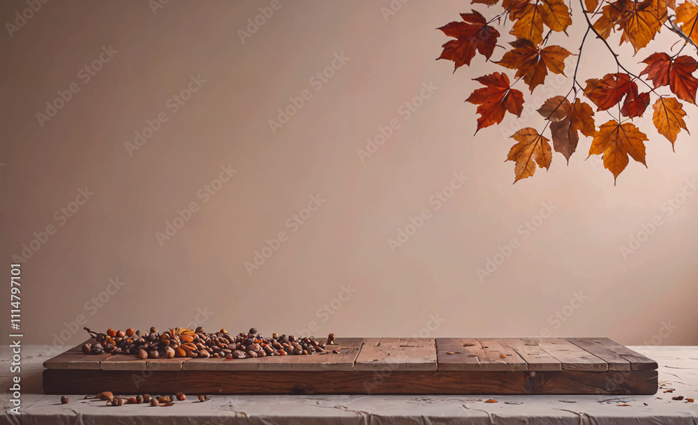 Aufkleber Table with a pile of nuts on it. The table is empty. There is a leaf on the table