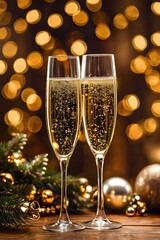 two glasses of champagne with christmas decoration, Celebratory Champagne Toast Surrounded by Christmas and New Year Festive Lights