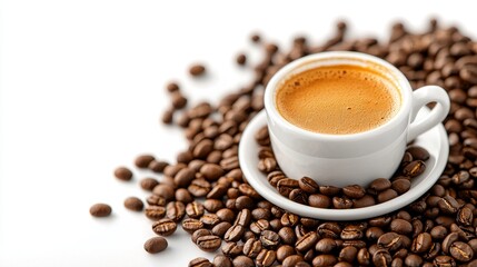 Obraz premium Steaming espresso in a white cup, resting on a saucer surrounded by coffee beans, warm morning light reflecting off the glossy surface, isolated on white