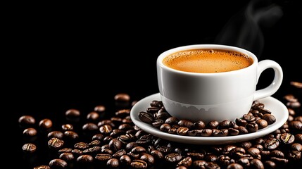 Fototapeta premium Steaming espresso in a white mug, surrounded by coffee beans on a saucer, close-up, isolated for a morning coffee break advertisement