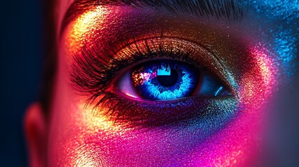 Naklejka premium Vibrant makeup close-up, concert series venue in background, overlay of schedule text for music event advertisement, bold and energetic design