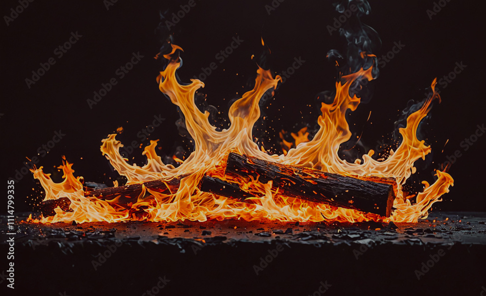 Poster Log is burning in a fire. The fire is very hot and is surrounded by smoke. The log is on a table and is surrounded by ash