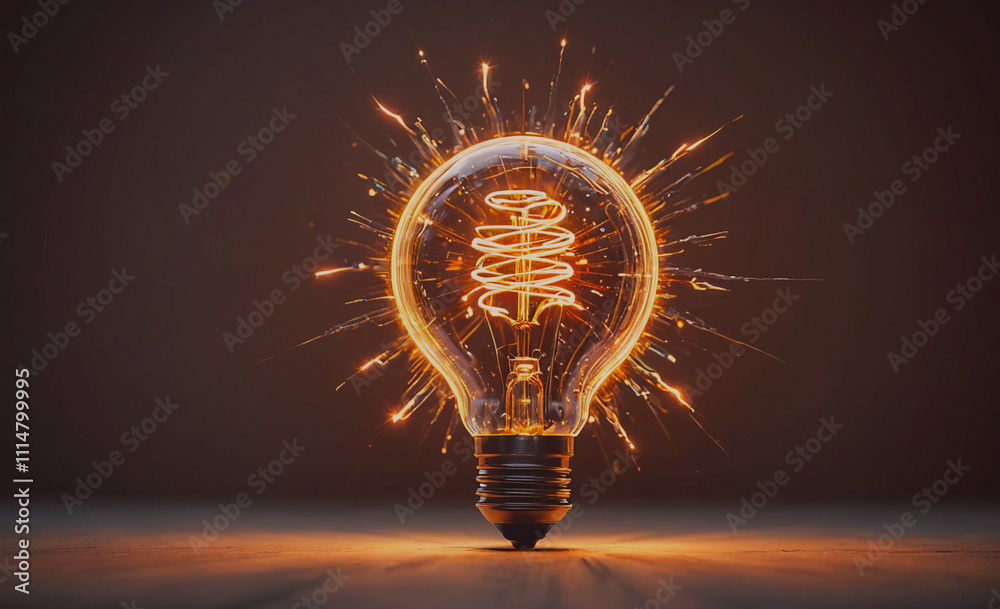 Poster light bulb is lit up and has a glowing filament. the light bulb is surrounded by a bright orange glo