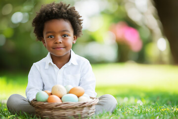 Adorable little African-American boy smiling with a basket full of Easter eggs, sitting outdoors