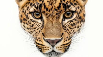 Fototapeta premium close-up of leopard face, piercing eyes, predator series, high detail, dark background, isolated on white background