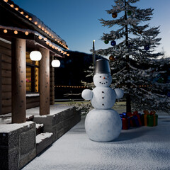 Cozy Winter Cabin with Snowman and Christmas Decorations