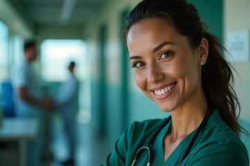 Fototapeta premium Smiling female nurse with a stethoscope around her neck stands confidently in a hospital corridor, looking directly at the camera.
