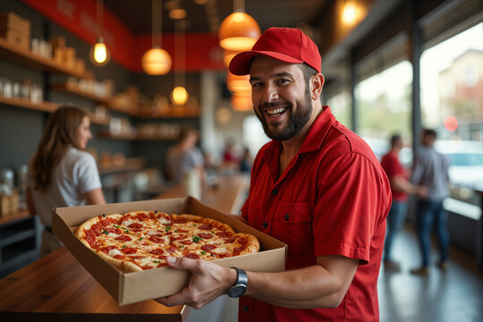 Man wearing a red shirt and cap is holding a pizza box, likely a chef or pizza maker at a restaurant. - Powered by Adobe
