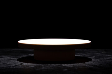 Showing product marketing advertising concept mockup. Round empty podium platform dais against...