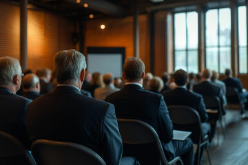 Fototapeta premium Business Conference in a Modern Loft Space with Attendees Listening to the Speaker