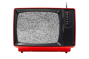 Old vintage red TV set televisor isolated on white background with no signal television grainy noise effect on the screen.