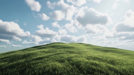 Fototapeta premium Lush green hill under a bright blue sky with fluffy white clouds.