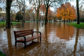 Obraz premium Tranquil Urban Park Submerged in Flood Water Showcasing Wooden Bench Surrounded by Trees and Autumn Foliage in Flooded Scenic Landscape