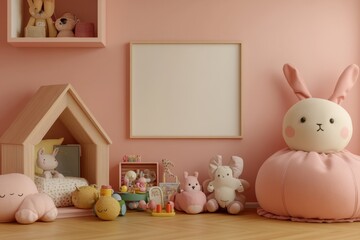 Cozy playroom with adorable plush toys modern home interior design soft colors child-friendly whimsical vibe