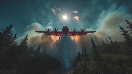 Firefighting aircraft performs water drop in forest during bright midday sunlight
