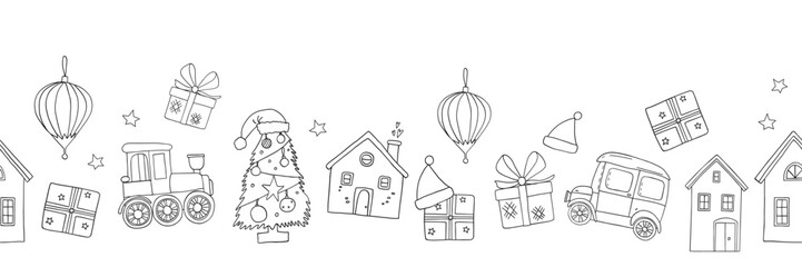 Vector seamless stripe with Christmas doodle toys.