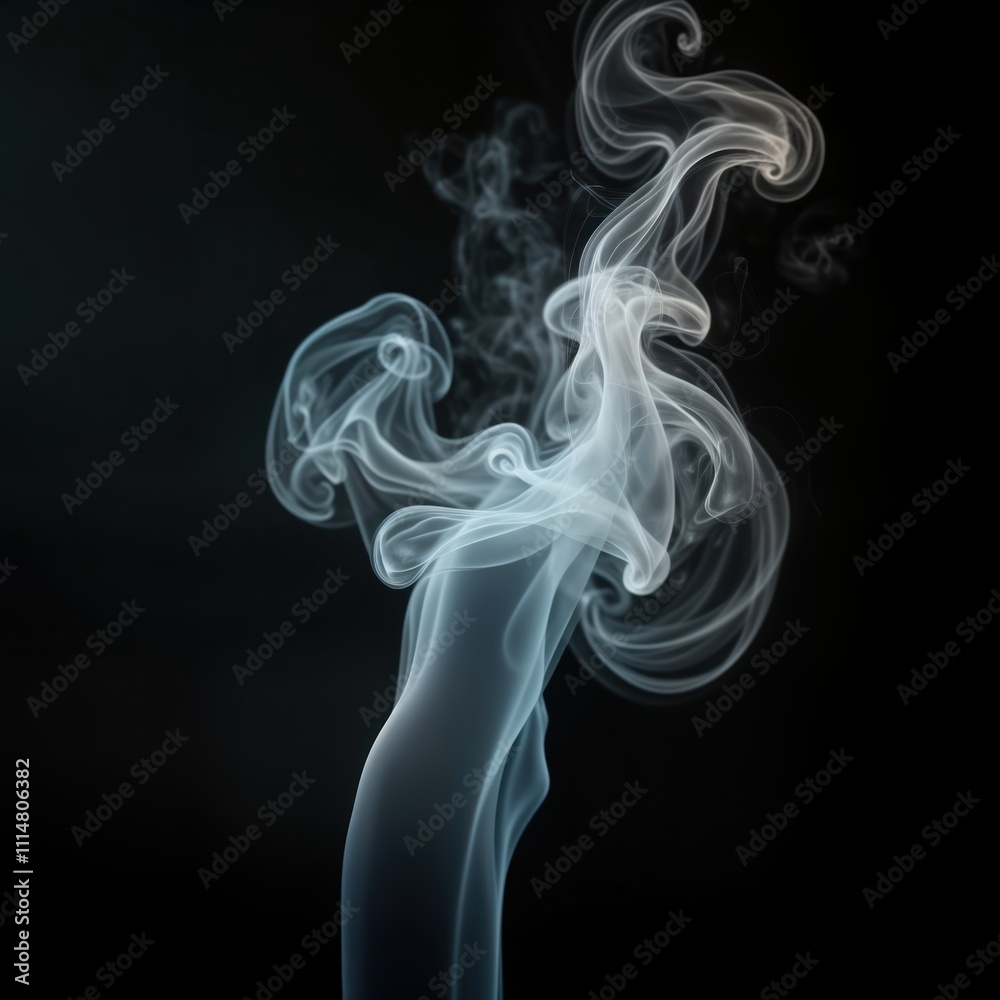 Poster Abstract smoke design with flowing shapes against dark background. White, light gray smoke swirls, curves create dynamic visual effect. Smoke forms unique patterns. Smoke isolated against black