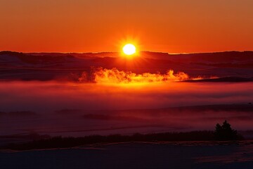 Majestic sunrise over misty landscape nature photography tranquil environment scenic viewpoint for serene concepts